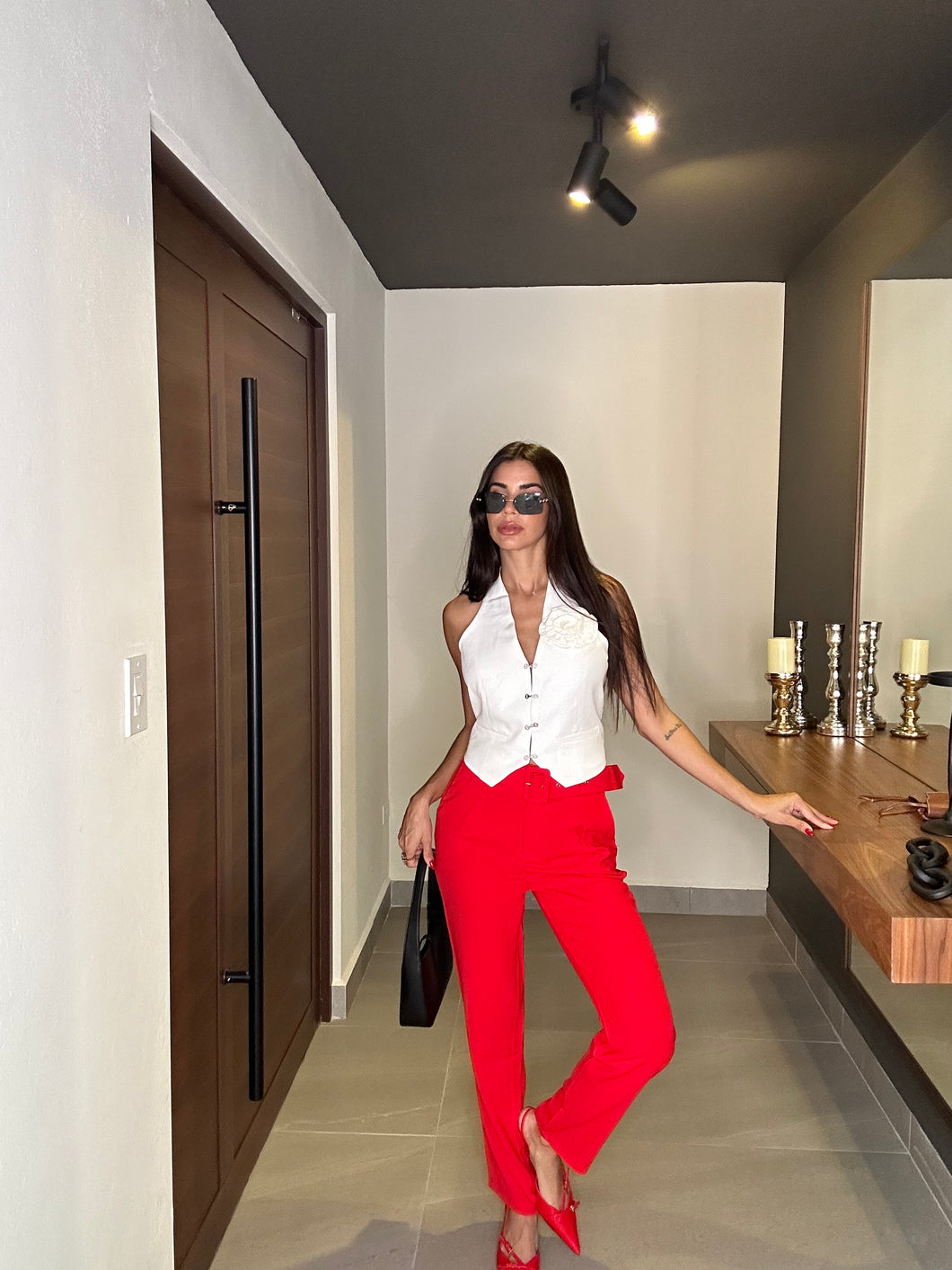 Red belted pants